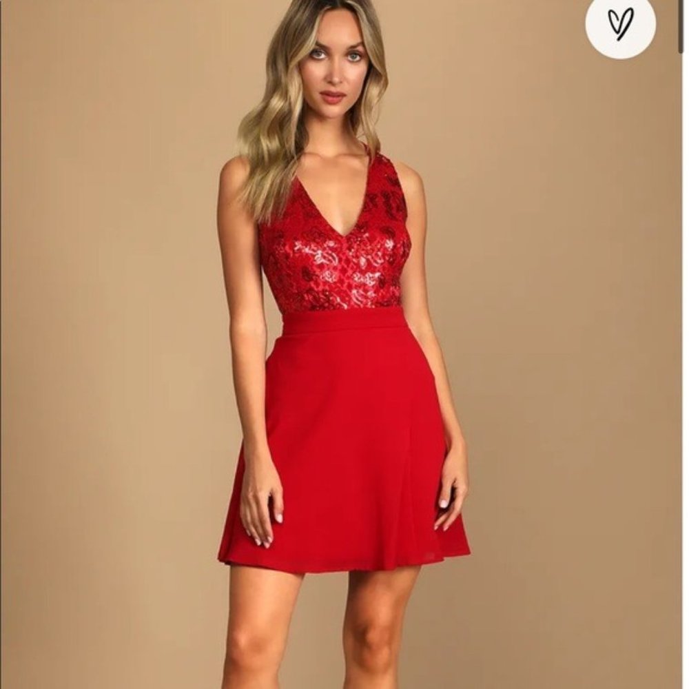 NEW Lulu’s Twirl Me Round Red Skater Dress